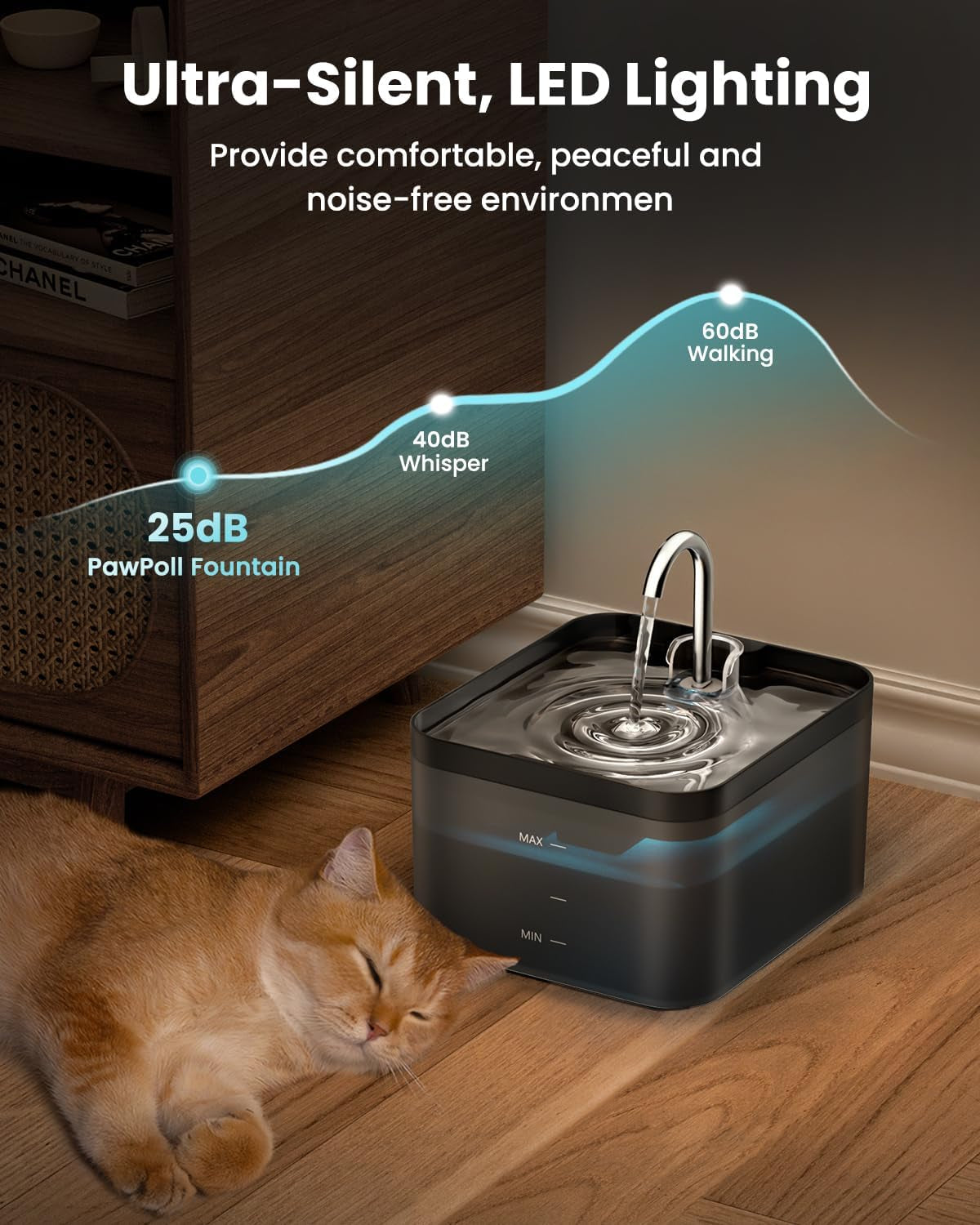 Fontaine a Eau Chat, 2,2L, Super Silencieuse, Filtre À Carbone Activé, Facile À Mettoyer, Distributeur Eau Chat Avec LED, Convient À Plusieurs Animaux De Compagnie