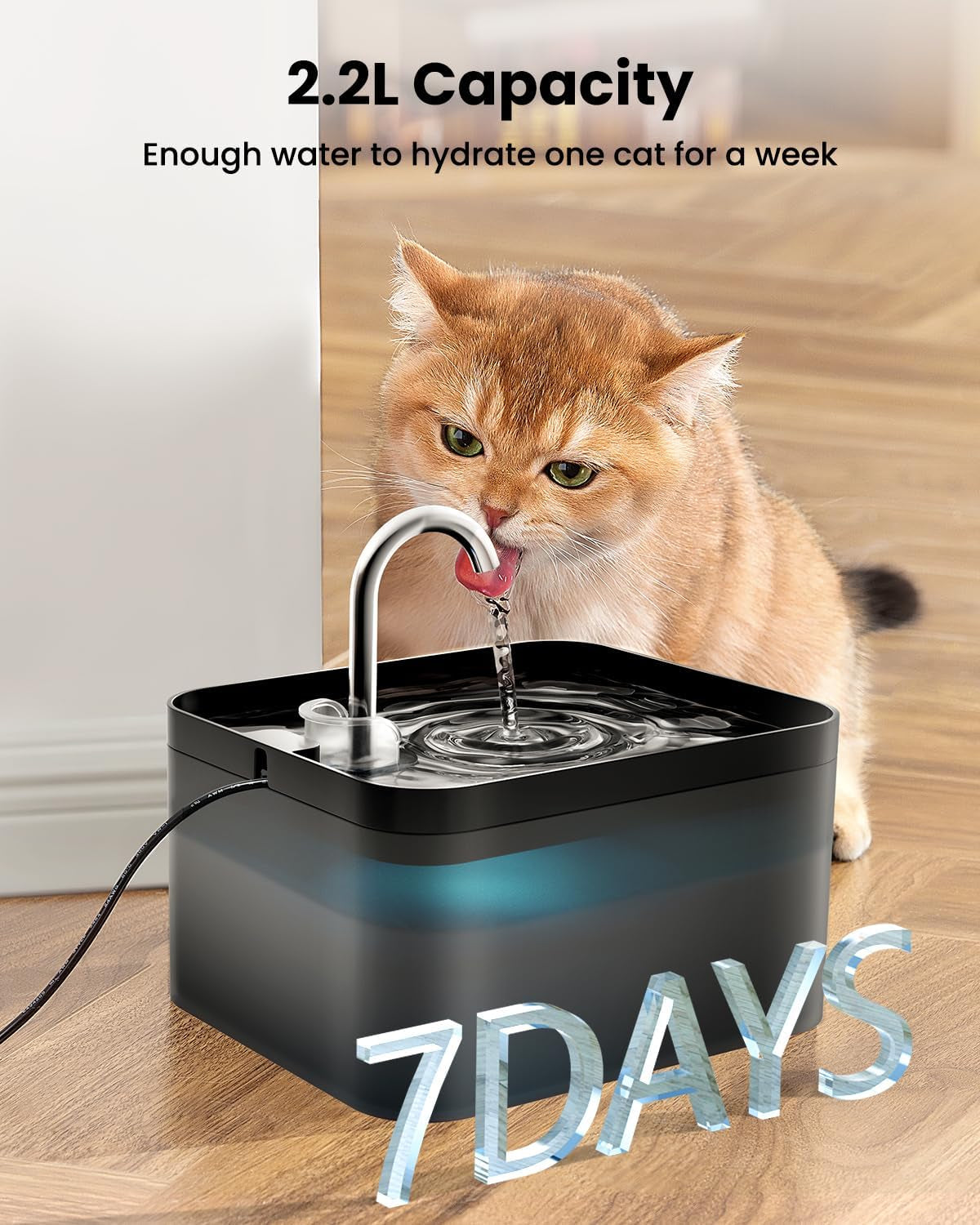 Fontaine a Eau Chat, 2,2L, Super Silencieuse, Filtre À Carbone Activé, Facile À Mettoyer, Distributeur Eau Chat Avec LED, Convient À Plusieurs Animaux De Compagnie